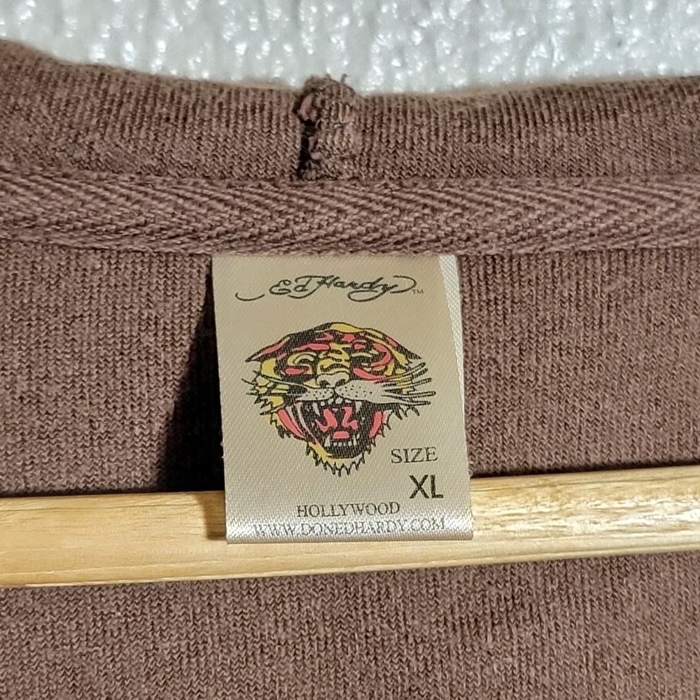 y2k Ed Hardy Tiger Rose Graphic Rhinestone Full Zip Velour Hoodie sz XL Brown - Picture 6 of 14